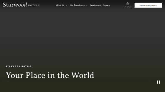 Starwood Hotels homepage with navigation bar and headline 'Your Place in the World' on dark background