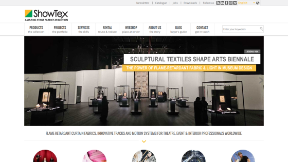 ShowTex homepage featuring sculptural textiles at arts biennale and flame-retardant fabrics for theatre and events