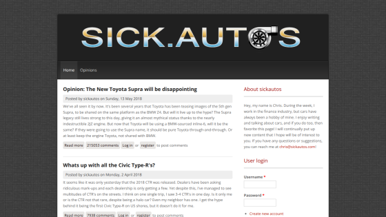 Car enthusiast blog Sick Autos with opinion articles on Toyota Supra and Civic Type-R, plus author info and login form
