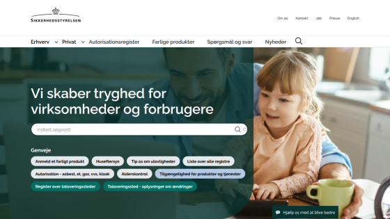 Danish safety authority homepage with search bar, navigation menu, and image of man and child at table