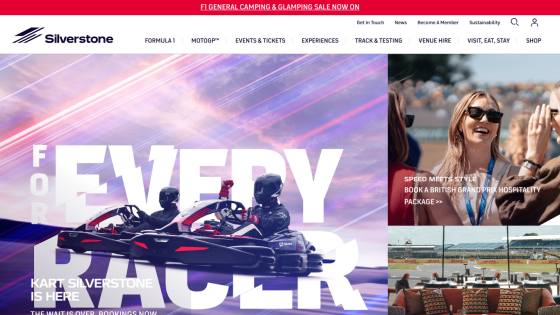 Homepage featuring go-kart racing with the tagline 'For Every Racer' and event information.
