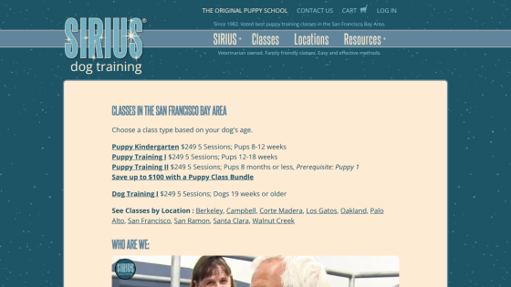 Sirius dog training website offering puppy and dog training classes in the San Francisco Bay Area with locations and contact links