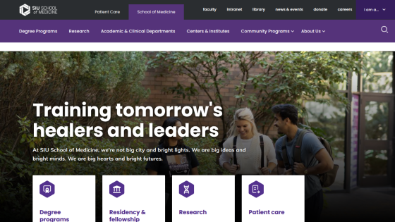 Homepage featuring training for future healthcare leaders with program highlights.