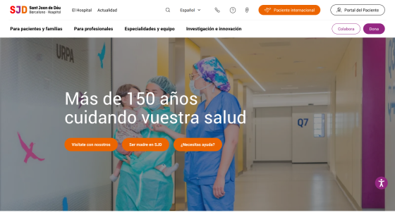 Homepage of a health institution highlighting 150 years of care with call-to-action buttons.