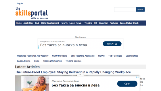 Skills Portal homepage with navigation links and featured article on staying relevant in a rapidly changing workplace