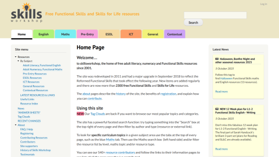 Skills Workshop homepage offering free adult literacy, numeracy, and Functional Skills resources with navigation tabs and latest news.