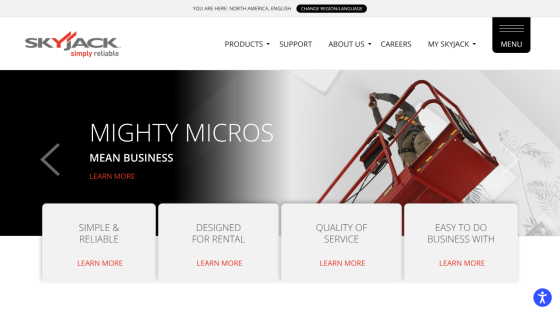 Skyjack homepage with navigation menu and hero section promoting Mighty Micros lifts with key features and learn more links