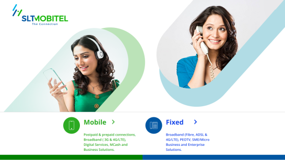 SLT Mobitel homepage featuring mobile and fixed broadband services with customer support images.
