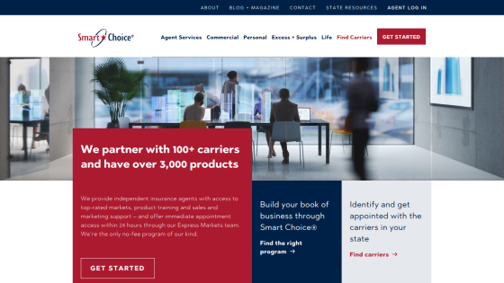 Smart Choice insurance site offers access to 100+ carriers and 3,000 products with no-fee program and quick appointment access.