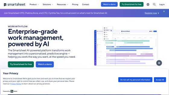 Enterprise-grade work management platform powered by AI with demo and sign-up options.