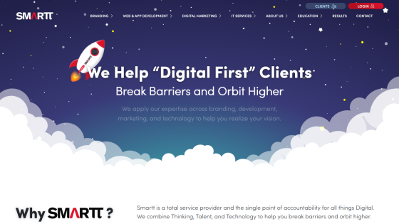 Homepage of SMARTT showcasing their services for digital clients with a rocket graphic.