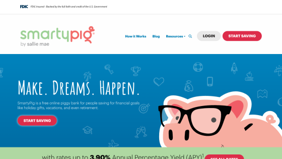 SmartyPig by Sallie Mae offers a free online piggy bank for saving towards financial goals with a start saving button