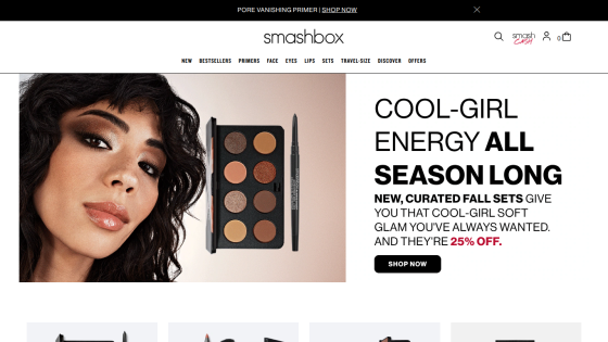 Promotional banner for Smashbox featuring makeup products and a discount offer.