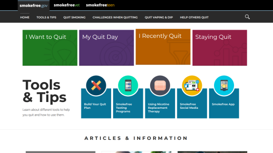 Website section promoting quitting tools and tips with navigation options.