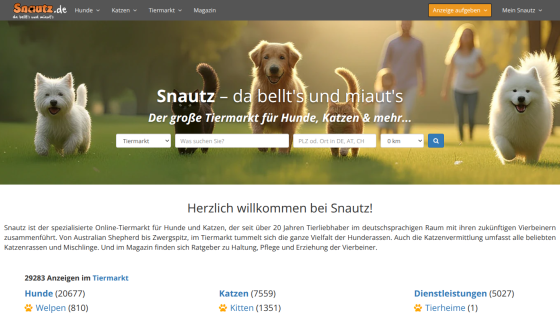 Snautz online pet market homepage with search bar and welcome text for dogs, cats, and services