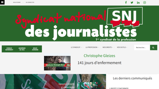Syndicat national des journalistes website with header, navigation, and hero section about Christophe Gleizes' 141 days of imprisonment
