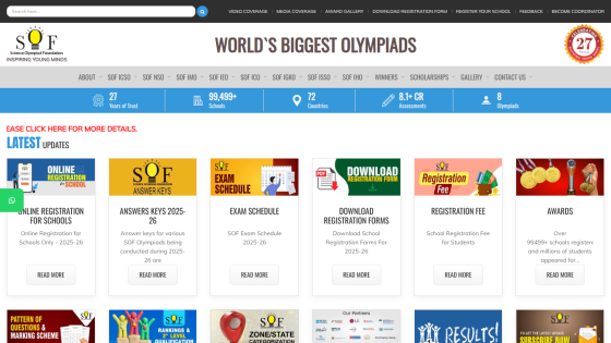 Website homepage featuring navigation bar, latest updates, and links to schedules, downloads, and registration for the World's Biggest Olympiads