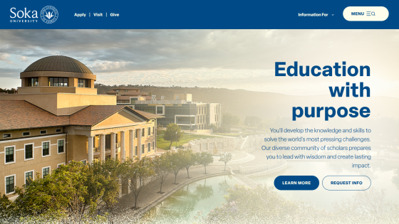 Soka University homepage with campus image and text about education with purpose, plus navigation links