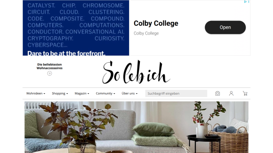Homepage of So lebich with navigation menu, search bar, and cozy living room decor hero image