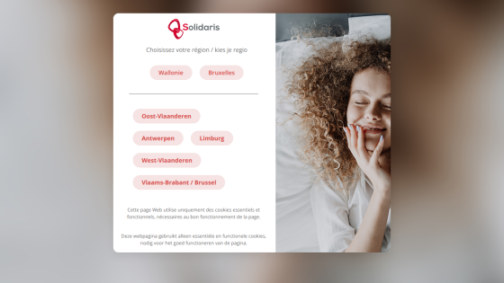 Region selection page with options for Wallonie, Bruxelles, and Flemish regions in French and Dutch