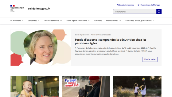 French government health site featuring expert advice on malnutrition in elderly, with navigation and search bar