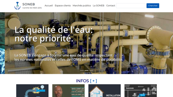 Water quality priority statement by SONEB with navigation menu and search bar