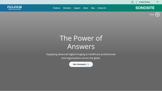 Fujifilm Sonosite website header with navigation and hero text about supplying advanced digital imaging to healthcare professionals