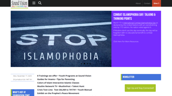 Sound Vision website promoting Combat Islamophobia Day with resources and newsletter signup