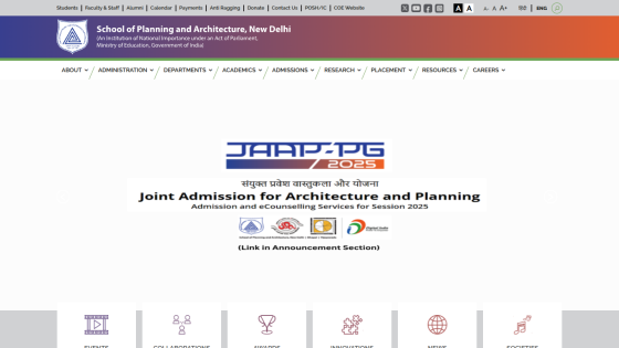 School of Planning and Architecture New Delhi website header and navigation with JAAP-PG 2025 admission announcement