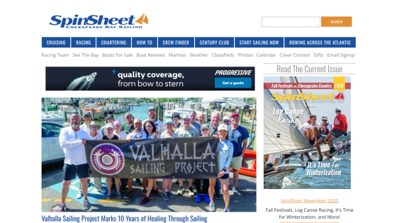 SpinSheet Chesapeake Bay Sailing homepage with navigation, a group photo for Valhalla Sailing Project, and current issue promotion