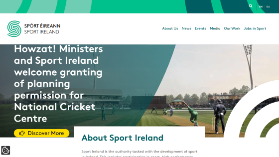 Sport Ireland homepage featuring news about planning permission for National Cricket Centre and navigation links