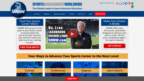 SportsManagementWorldwide homepage with navigation, video from Dr. Lynn Lashbrook, and calls to find sports career match or get started with courses.