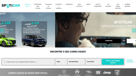 Spoticar homepage with electric car offers and search bar to find used cars