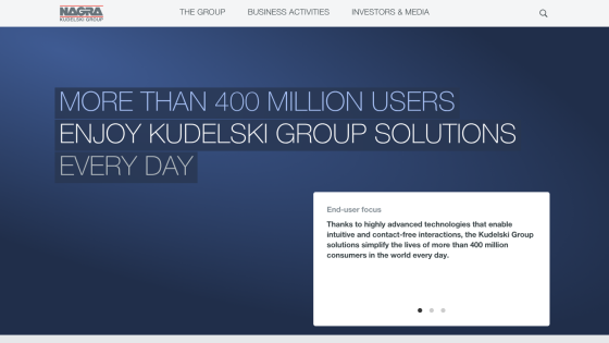 Kudelski Group homepage highlighting over 400 million users benefiting from their solutions daily with navigation links.