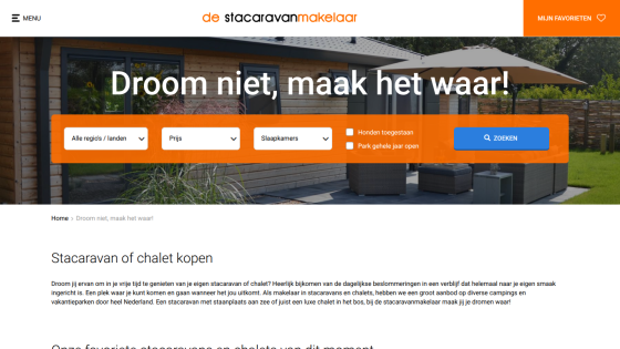 Homepage of a Dutch mobile home and chalet real estate site with search filters and slogan 'Droom niet, maak het waar!'