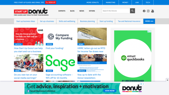Start Up Donut website homepage with business guides, funding offers, news articles, and navigation menu