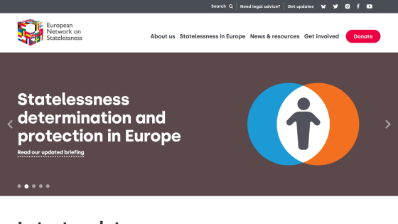 European Network on Statelessness homepage with navigation and hero section about statelessness determination and protection in Europe