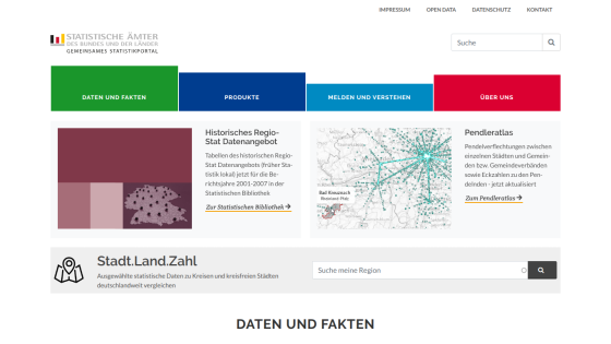 Statistical portal homepage with navigation tabs and regional data offerings including historical data and commuter atlas.