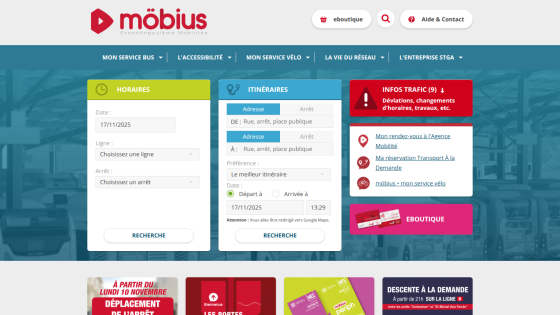 Mobius public transport site with bus schedules, route planner, traffic info, and eBoutique links