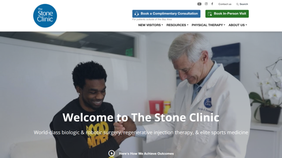 Welcome message for The Stone Clinic with services in biologic and robotic surgery, regenerative injection therapy, and sports medicine