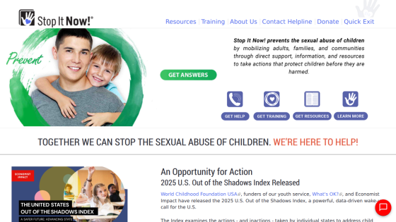Stop It Now! website hero section with a call to prevent child sexual abuse, navigation links, and a featured report on child protection