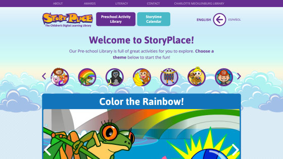 StoryPlace preschool library homepage with navigation, theme icons, and Color the Rainbow activity