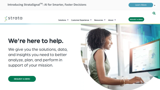 Strata homepage offering solutions and insights to help analyze, plan, and perform with a call to request a demo