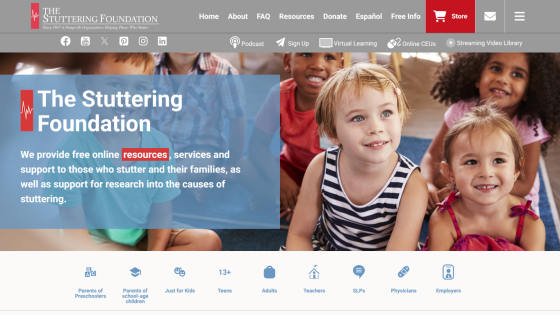 The Stuttering Foundation homepage offers free online resources and support for people who stutter and their families, featuring children in the hero image.