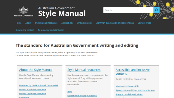 Australian Government Style Manual homepage with navigation and introduction to writing and editing standards