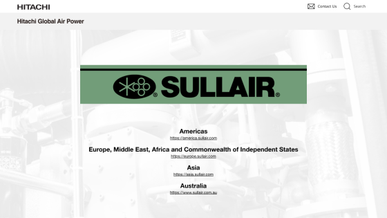 Hitachi Global Air Power page with Sullair logo and regional links for Americas, Europe, Asia, and Australia