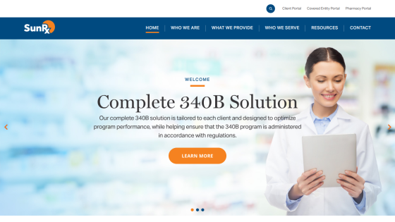 SunRx homepage with navigation menu and hero section promoting a complete 340B solution with a smiling professional holding a tablet