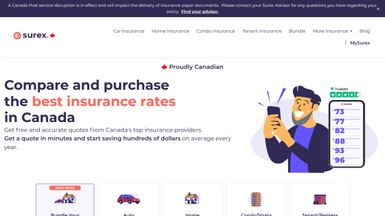 Surex Canadian insurance site offering best insurance rates with quick quotes and savings, featuring car, home, condo, and tenant insurance options