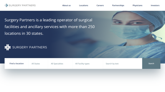 Surgery Partners homepage with navigation, description of services, and location search bar