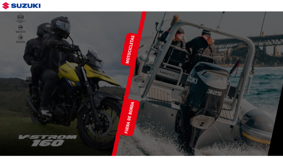 Suzuki website showcasing V-Strom 160 motorcycle and a boat with people.